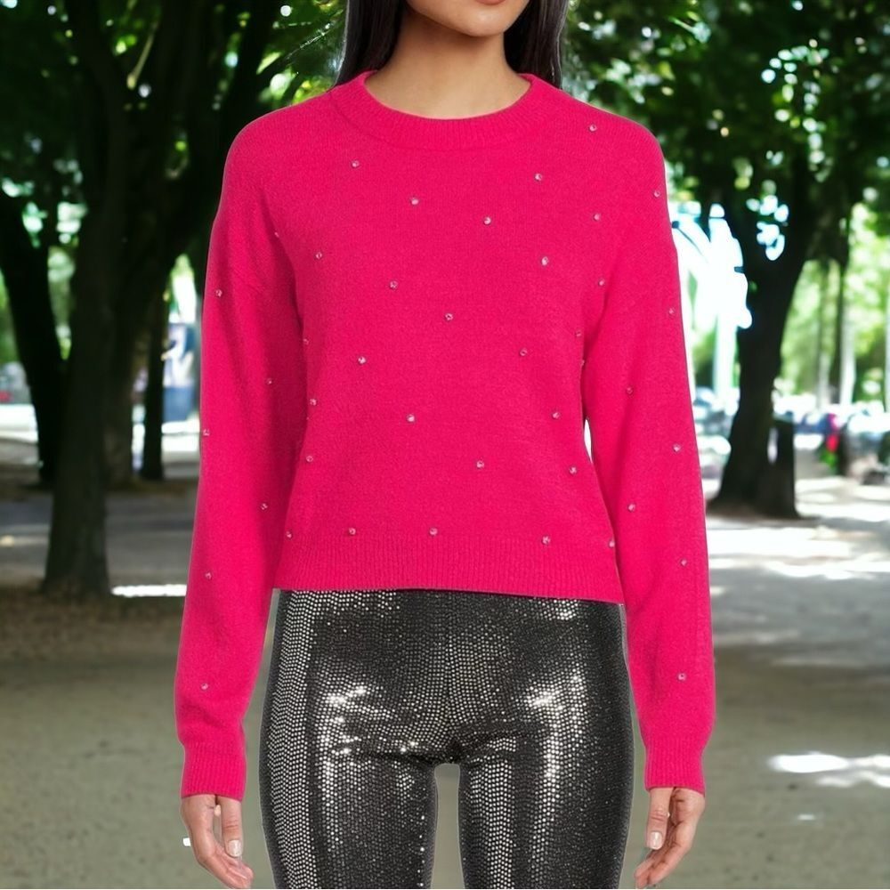 Chelsea & Violet Rhinestone Encrusted Cropped Sweater Fuschia Size XL